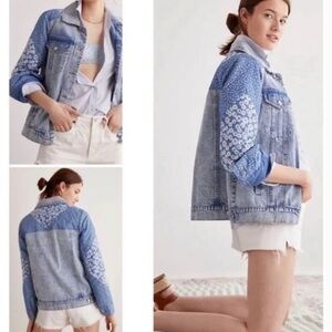 AVEC LES FILLES Anthropologie Size M Patchwork Denim Floral Jacket Boho Casual